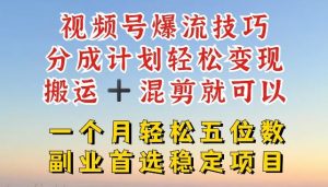视频号爆流技巧,分成计划轻松变现,搬运 +混剪就可以,一个月轻松五位数稳定项目【揭秘】-理想项目库