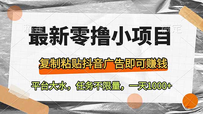 最新零撸小项目，复制粘贴抖音广告即可赚钱，平台大水，任务不限量，一…-理想项目库