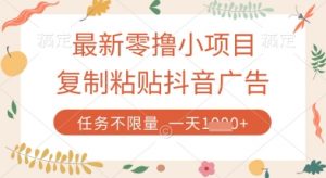 最新零撸小项目，复制粘贴抖音广告即可挣钱，平台大水，任务不限量，一天数张【揭秘】-理想项目库