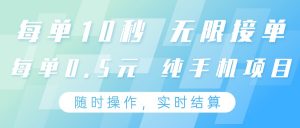 纯手机操作项目，每单耗时10秒，无限接单，单笔收益0.5元，支持24小时随时操做-理想项目库