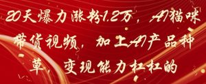 20天爆力涨粉1.2W，AI猫咪带货视频，加上AI产品种草，变现能力杠杠的-理想项目库