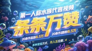 第一人称水族代言视频，条条万赞，20条作品涨粉7.8W，多种变现方式月入五位数-理想项目库
