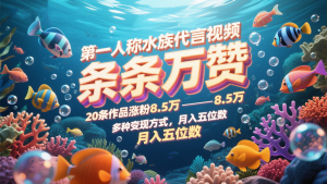 第一人称水族代言视频，条条万赞，20条作品涨粉8.5万，多种变现方式月，入五位数-理想项目库