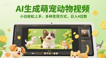 AI生成萌宠动物视频，小白轻松上手，多种变现方式，日入4位数-理想项目库