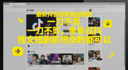 最新抖音搜索搬运教程，一刀不剪，条条过抖，推文短剧影视涨粉都可以-理想项目库