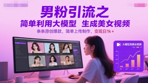 男粉引流之简单利用大模型生成美女视频，条条原创爆款，简单上传制作，变现日1k+-理想项目库