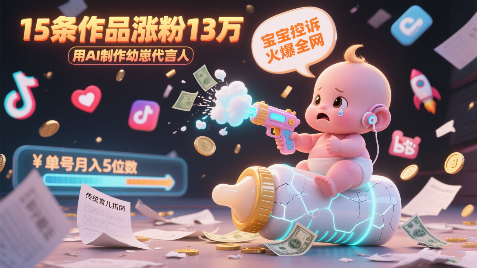 用AI制作幼崽代言人，宝宝的控诉火爆全网，15条作品涨粉13万，单号月入5位数实操教程-理想项目库