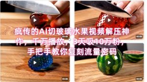 席卷全网！疯传的AI切玻璃水果视频解压神作，千万播放，3天吸10万粉，手把手教你复刻流量密码-理想项目库