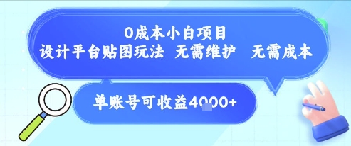 0成本小白项目，设计平台贴图玩法，无需维护，无需成本，单账号单月可产生收益4k+-理想项目库