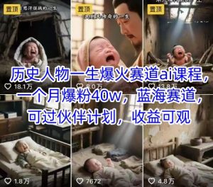 历史人物一生爆火赛道ai课程，一个月爆粉40w，蓝海赛道，可过伙伴计划，收益可观-理想项目库