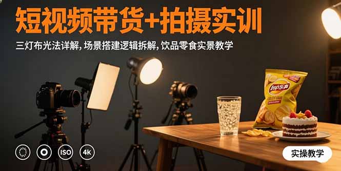 短视频带货+拍摄实训：三灯布光法详解,场景搭建逻辑拆解,饮品零食实景教学-理想项目库