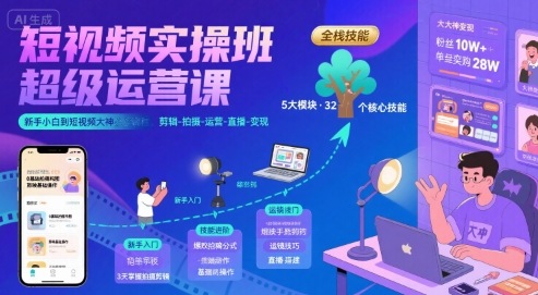 短视频实操班超级运营课，新手小白到短视频大神必修课程，剪辑-拍摄-运营-直播-变现-理想项目库