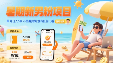 暑期新男粉项目 单号日入5张 不需要剪辑 没有任何门槛-理想项目库