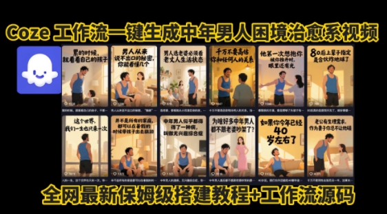 coze工作流一键生成”中年男人困境扎心高涨粉高播放量图文视频”保姆级拆解教程，无需剪辑，无需拍摄写文案-理想项目库