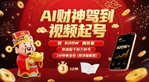 AI财神驾到视频起号，爆600W播放量，快速起千粉万粉号，3分钟教会你(附详细教程)-理想项目库