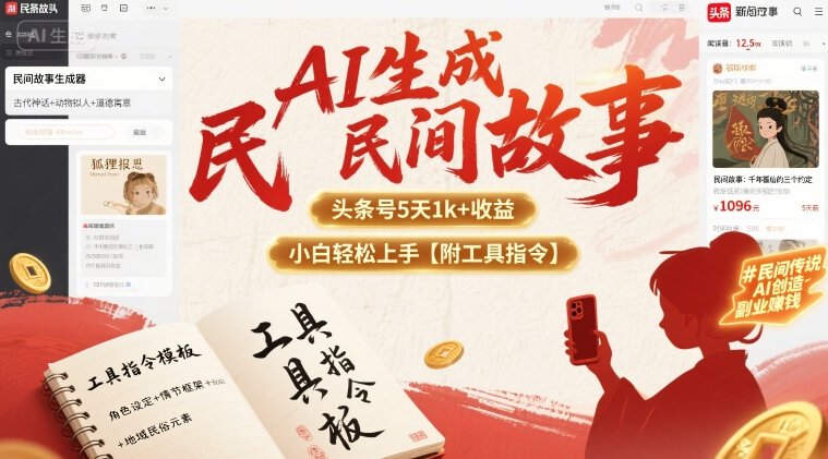 AI生成民间故事，头条号5天1k+，小白轻松上手【附工具指令】-理想项目库