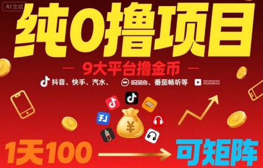 纯0撸项目，9大平台撸金币，抖音，快手，汽水，番茄畅听等，1天100，可矩阵-理想项目库