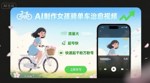 AI制作女孩骑单车治愈视频，流量大，起号快，快速起千粉万粉号-理想项目库
