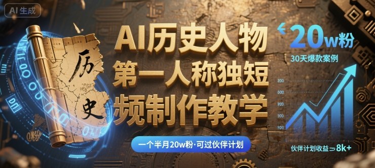 最新AI历史人物第一人称独白短视频制作教学，一个半月20w粉，可过伙伴计划-理想项目库
