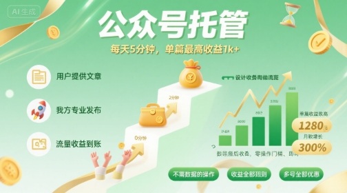 【公众号托管 】我提供文章，你发布，每天5分钟，单篇最高收益1k+【揭秘】-理想项目库