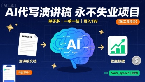 AI代写演讲稿，永不失业项目，单子多，一单一结，月入1W【附工具指令】-理想项目库
