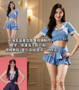AI海军装美女跳舞视频制作教学，快速涨千粉万粉，视频教程+提示词(绘图词、动作词)-理想项目库