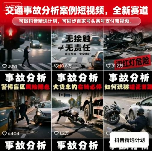 交通事故分析案例短视频，全新赛道，可做抖音精选计划，可同步百家号头条号支付宝视频号平台-理想项目库