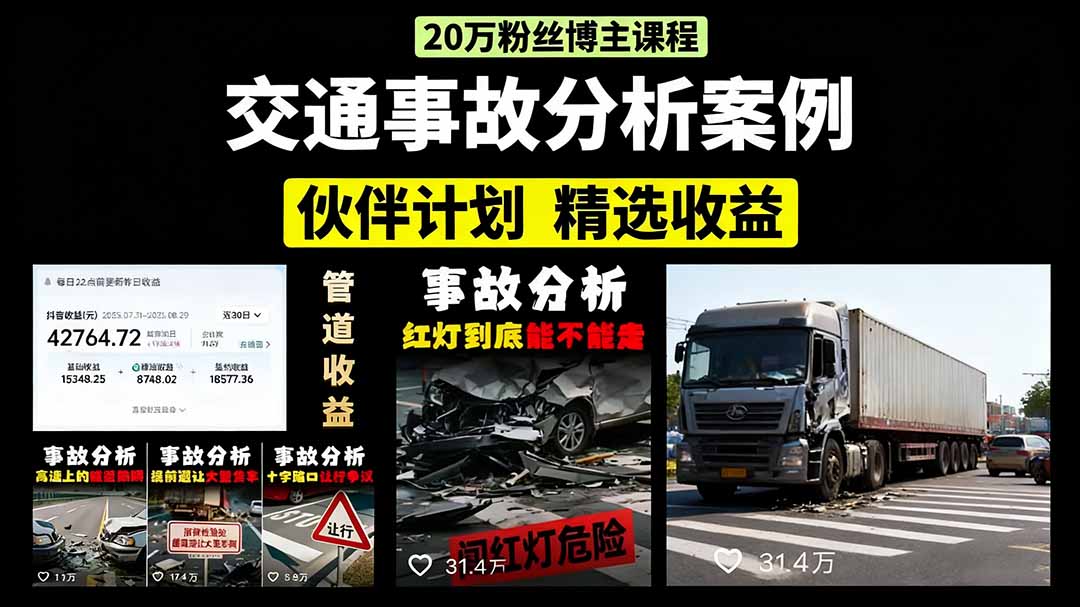 交通事故分析案例短视频，剪辑技巧+文案模板+配音教学+快速起号 月收益2w+-理想项目库