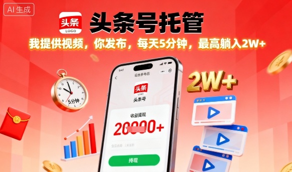 【头条号托管】我提供视频，你发布，每天5分钟，最高躺入2W+【揭秘】-理想项目库