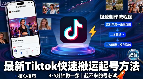 最新Tiktok快速搬运快速起号方法，3-5分钟做一条，起不来的号可以试试-理想项目库