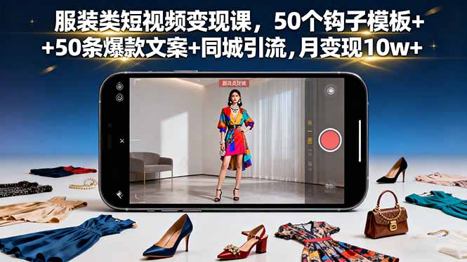 服装类短视频变现课，50个钩子模板+50条爆款文案+同城引流，月变现10w+-理想项目库