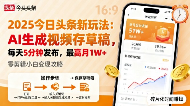 2025年今日头条躺賺新玩法，AI生成视频存草稿，每天5分钟发布，最高月1W+【揭秘】-理想项目库