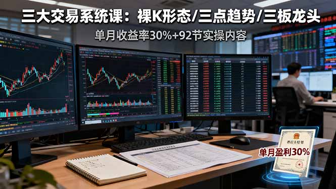 三大交易系统课：裸K形态/三点趋势/三板体系，单月收益率30%+92节实操内容-理想项目库