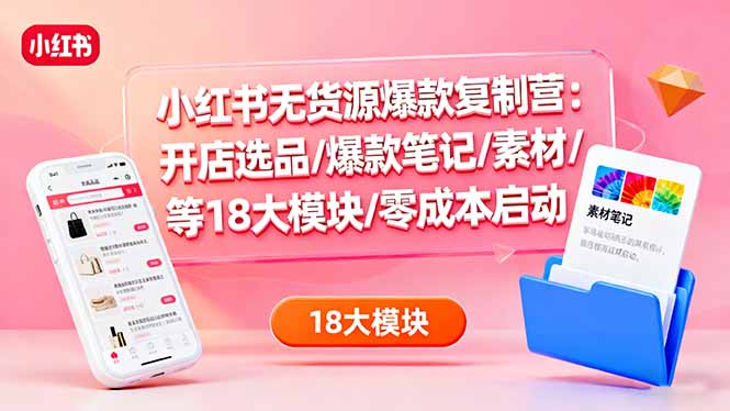 小红书无货源爆款复制营：开店选品/爆款笔记/素材/等18大模块/零成本启动-理想项目库