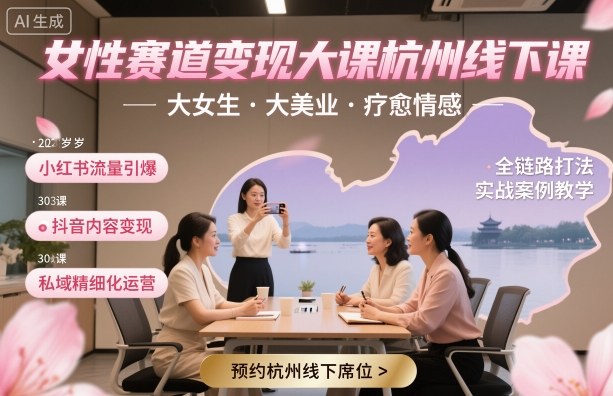 女性赛道变现大课杭州线下，大女生，大美业，疗愈情感，一套小红书、抖音、私域全链路打法-理想项目库