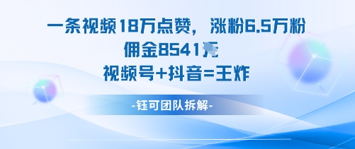 一条视频18W点赞，涨粉6.5W粉佣金8541米，视频号+抖音=王炸-理想项目库