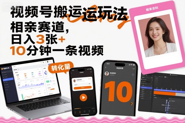 视频号搬运玩法，相亲赛道，日入3张+，10分钟一条视频-理想项目库