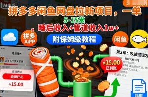 拼多多闲鱼网盘拉新项目,一单5-15米,睡后收入+管道收入1w+(附保姆级教程)-理想项目库