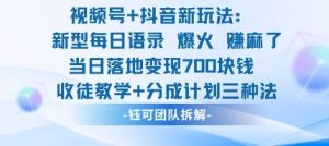 视频号加抖音新玩法:爆火新型每日语录,收徒教学加分成计划,三种变现玩法,当日变现7张-理想项目库