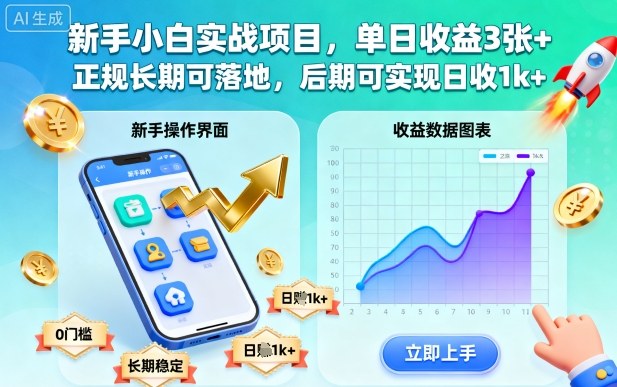 新手小白实战项目，单日收益3张+，正规长期可落地，后期可实现日收1k+【揭秘】-理想项目库