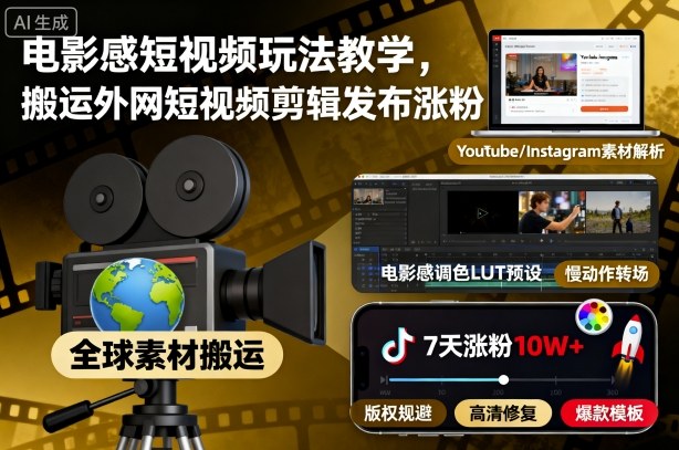 电影感短视频玩法教学，搬运外网短视频剪辑发布涨粉-理想项目库