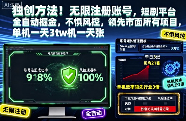 独创方法！无限注册账号，短剧平台全自动掘金，不惧风控，领先市面所有项目，单机一天3张【揭秘】-理想项目库