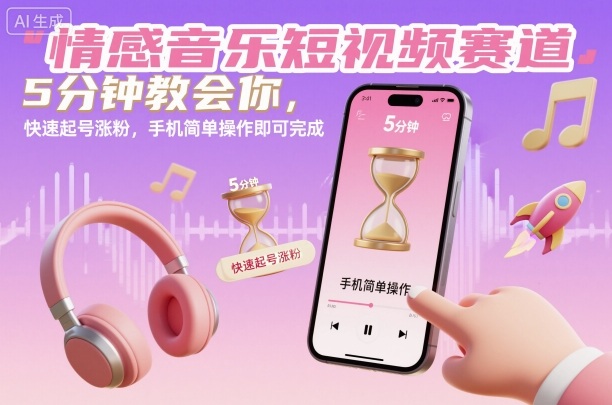 情感音乐短视频赛道，5分钟教会你，快速起号涨粉，手机简单操作即可完成-理想项目库