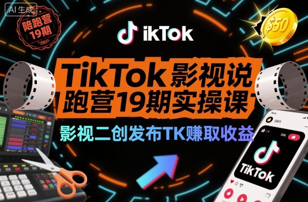 TikTok影视解说陪跑营19期实操课，影视二创发布TK賺取收益，万播收益50美金-理想项目库