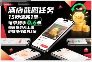 酒店截图任务，15秒速完1单，每单到手0.6米，每日任务无上限，全网首发玩法，矩阵操作单日3张【揭秘】-理想项目库