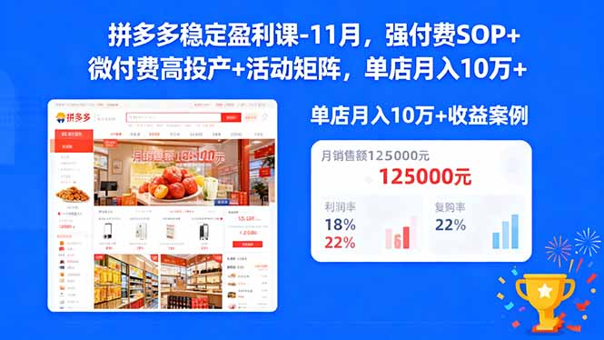 拼多多稳定盈利课-11月，强付费SOP+微付费高投产+活动矩阵，单店月入10w+-理想项目库