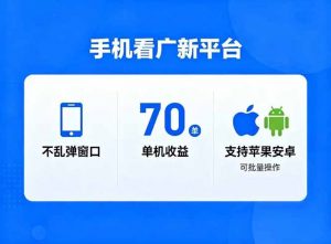 看广新平台,不乱弹窗口,单机做到了70加,支持苹果和安卓可批量,做到了日入1万+-理想项目库