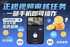 正规视频审核任务,一部手机即可操作,20秒完成一单,日入4张,多劳多得【揭秘】-理想项目库