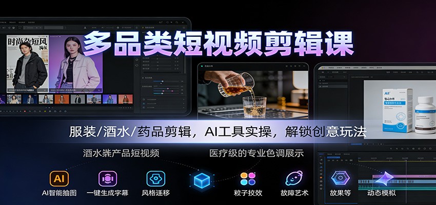 多品类短视频剪辑课:服装/酒水/药品剪辑,AI工具实操,解锁创意玩法-理想项目库