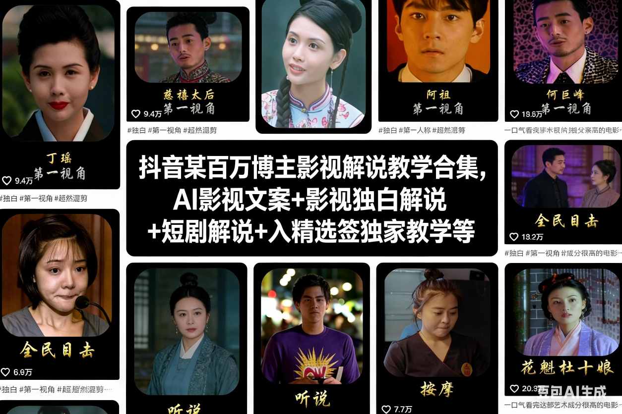 抖音某百万博主影视解说教学合集，AI影视文案+影视独白解说+短剧解说+入精选签独家教学等-理想项目库